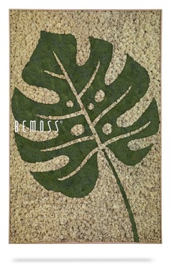 Ein grünes Blatt mit der Aufschrift „be mess“ in weißer Schrift auf beigem Hintergrund mit schwarzem Rand, moosbild, mooswand, moos pflanzen, moos, moos deko, moos art