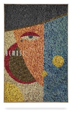 ein Gemälde eines Mannes mit einem Hut auf dem Kopf und einem Namen darunter, auf dem „Bemos“ steht, moosbild, mooswand, moos pflanzen, moos, moos deko, moos art