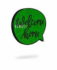 eine grüne Sprechblase mit den Worten „Willkommen zu Hause“ und ein schwarzer Umriss einer Sprechblase mit den Worten „Willkommen zu Hause“., moosbild, mooswand, moos pflanzen, moos, moos deko, moos art
