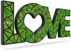 Ein grünes Liebesschild mit Gras, das an den Seiten wächst und in dessen Mitte das Wort „Liebe“ geschrieben steht, moosbild, mooswand, moos pflanzen, moos, moos deko, moos art