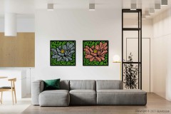 ein Wohnzimmer mit einer Couch und einem Tisch mit einer Pflanze darauf und zwei Gemälden an der Wand, moosbild, mooswand, moos pflanzen, moos, moos deko, moos art