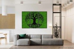 ein Wohnzimmer mit einer Couch und einem Gemälde an der Wand eines Baumes an der Wand des Zimmers, moosbild, mooswand, moos pflanzen, moos, moos deko, moos art
