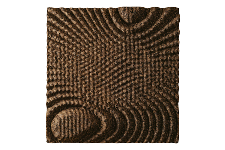 Ein brauner Teppich mit einem kreisförmigen Muster auf der Seite und einem kreisförmigen Muster auf der Oberseite, moosbild, mooswand, moos pflanzen, moos, moos deko, moos art
