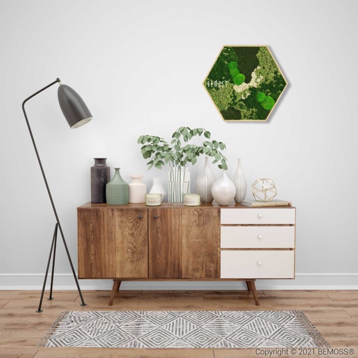 Ein Raum mit einem Holzschrank und einer weißen Wand mit einem grünen sechseckigen Muster darauf und einer Lampe an der Seite, moosbild, mooswand, moos pflanzen, moos, moos deko, moos art