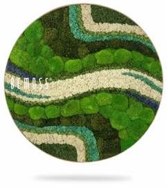 ein rundes Bild einer grün-weißen Fläche mit Gras und Büschen darauf, moosbild, mooswand, moos pflanzen, moos, moos deko, moos art