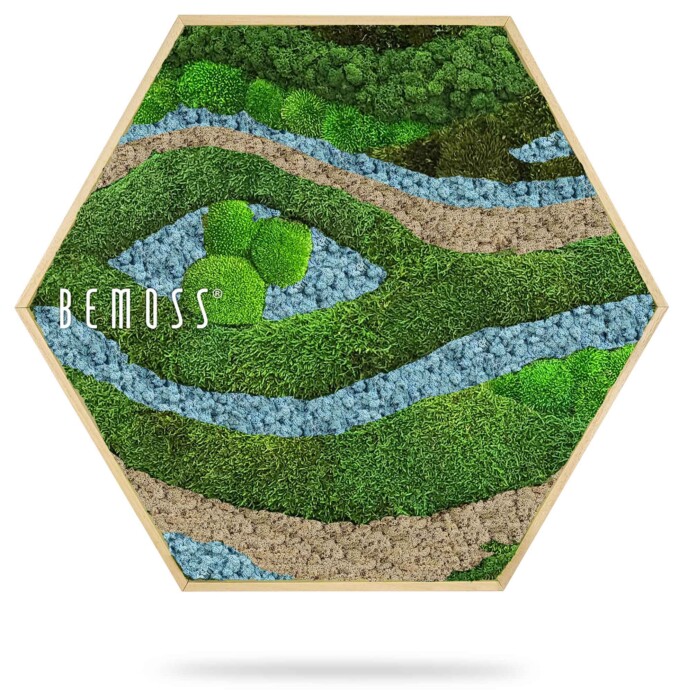 ein grüner Grasfleck, durch den ein Fluss fließt und auf dem in einem sechseckigen Rahmen die Worte „Be Moss“ stehen, moosbild, mooswand, moos pflanzen, moos, moos deko, moos art