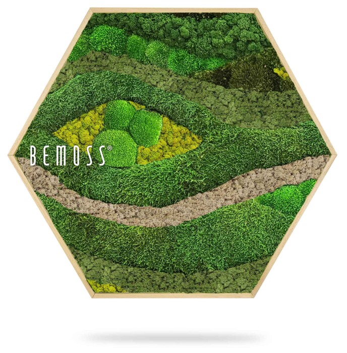 ein grüner Grasfleck mit einem Pfad in der Mitte und der Aufschrift „be moss“ darauf, moosbild, mooswand, moos pflanzen, moos, moos deko, moos art