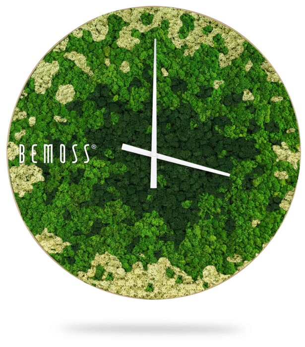 eine Uhr mit einem grünen Moosmuster auf dem Zifferblatt und der Aufschrift „Bemoss“ auf der Vorderseite, moosbild, mooswand, moos pflanzen, moos, moos deko, moos art