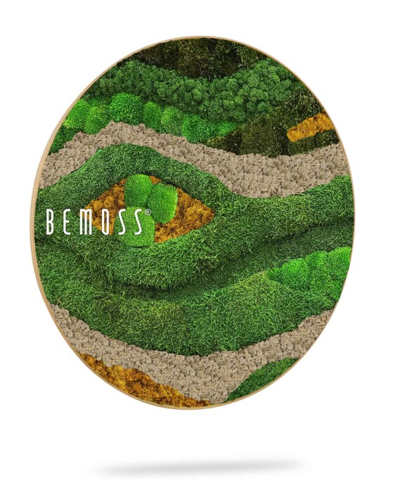 ein rundes Bild mit einer grünen Landschaft und den Worten Berms darauf in weißen Buchstaben auf weißem Hintergrund, moosbild, mooswand, moos pflanzen, moos, moos deko, moos art