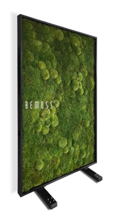 Ein Fernsehbildschirm, an dessen Seite Moos wächst und auf dem Bildschirm darüber die Worte „Be Moss“ stehen, moosbild, mooswand, moos pflanzen, moos, moos deko, moos art